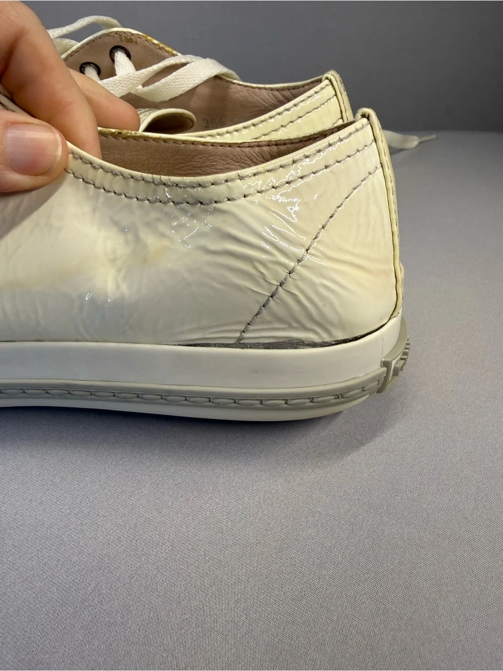 Miu Miu Cream Patent Leather Sneakers with Silver Toe Caps